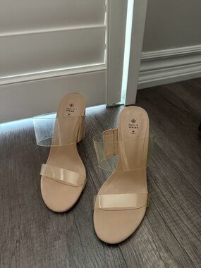 Call It Spring Beige Nude Clear-Strap Slide Mules